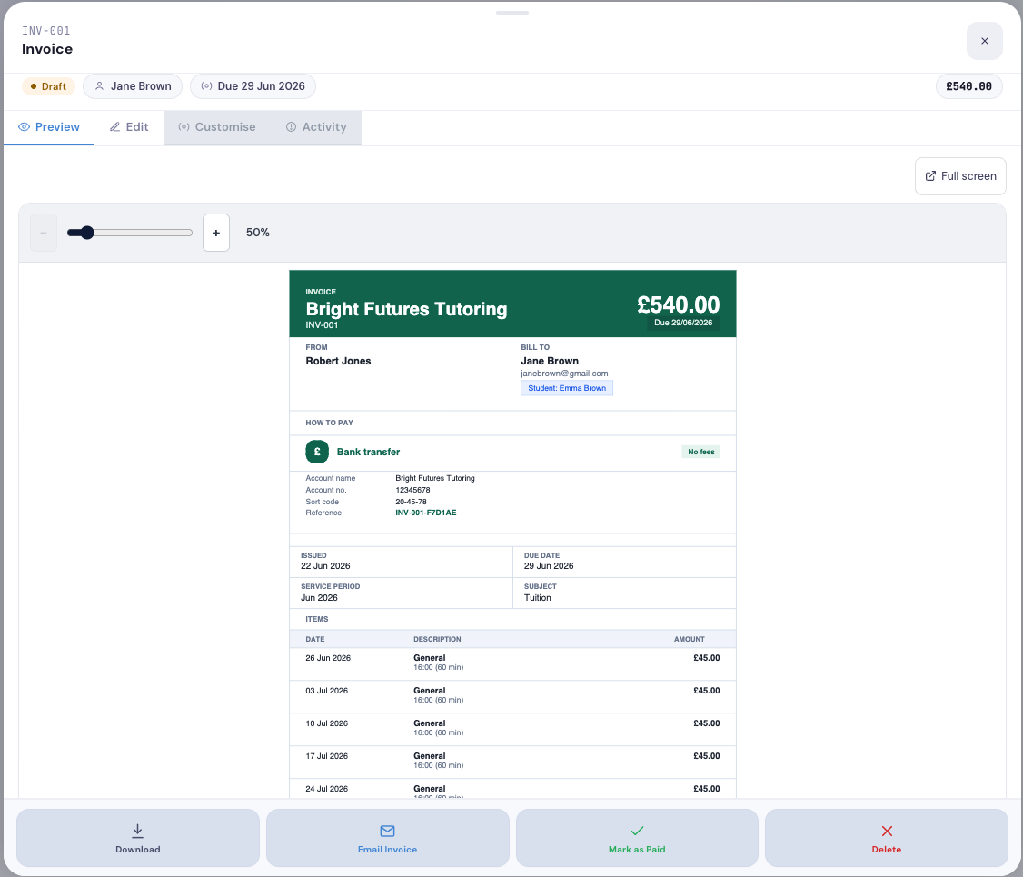 LessonSync invoice preview