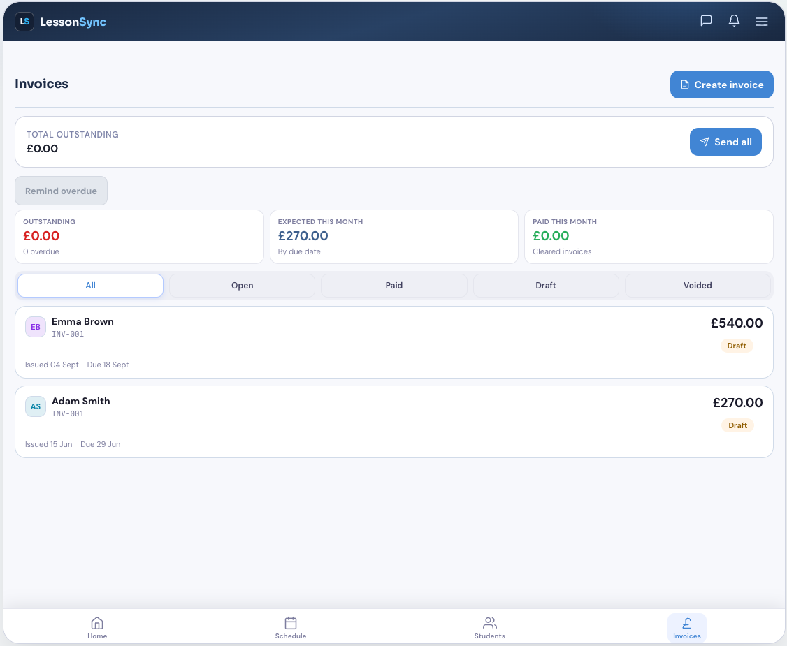 LessonSync invoices
